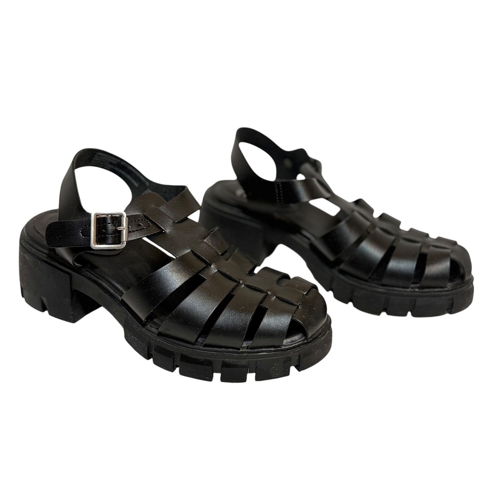 Madden NYC Womens Black Lug Sole Fisherman Sandals Platform Caged Block Heel 8